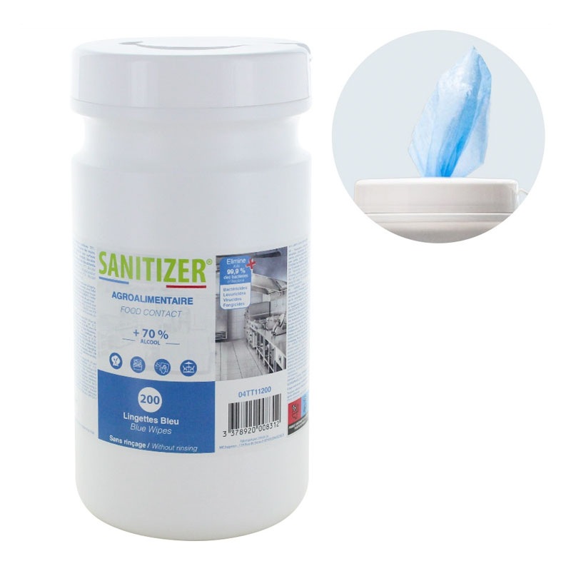 Lingettes nettoyantes désinfectantes bleues SANITIZER, boite de 200